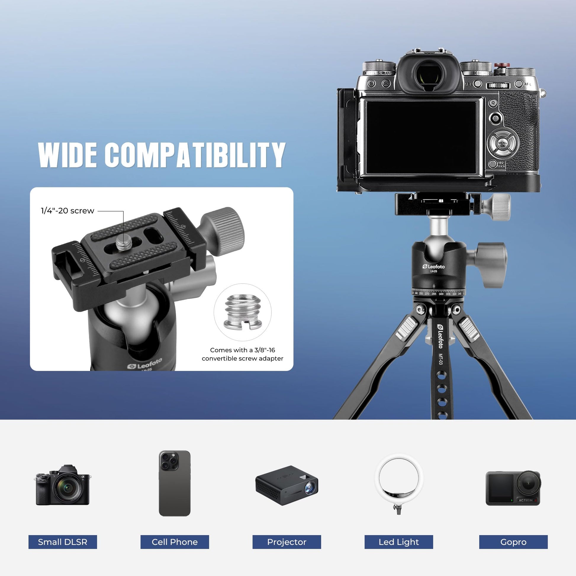 LEOFOTO MT-03 + LH-25 Spider Mini trípode de Mesa y Cabeza de Bola para fotografía DSLR