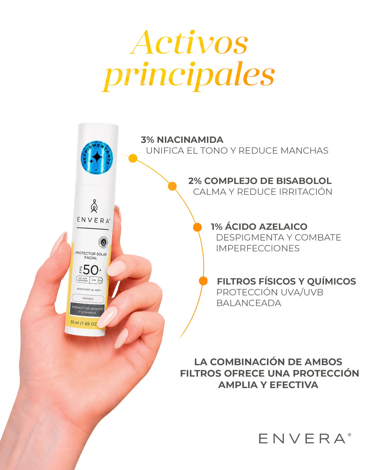 ENVERA | Protector Solar Facial Despigmentante SPF 50+ 2 En 1 | Bloqueador Solar Facial Oil Control Toque Seco + Primer Toque Seco | Acabado Mate Mousse | Vegano Resistente Al Agua