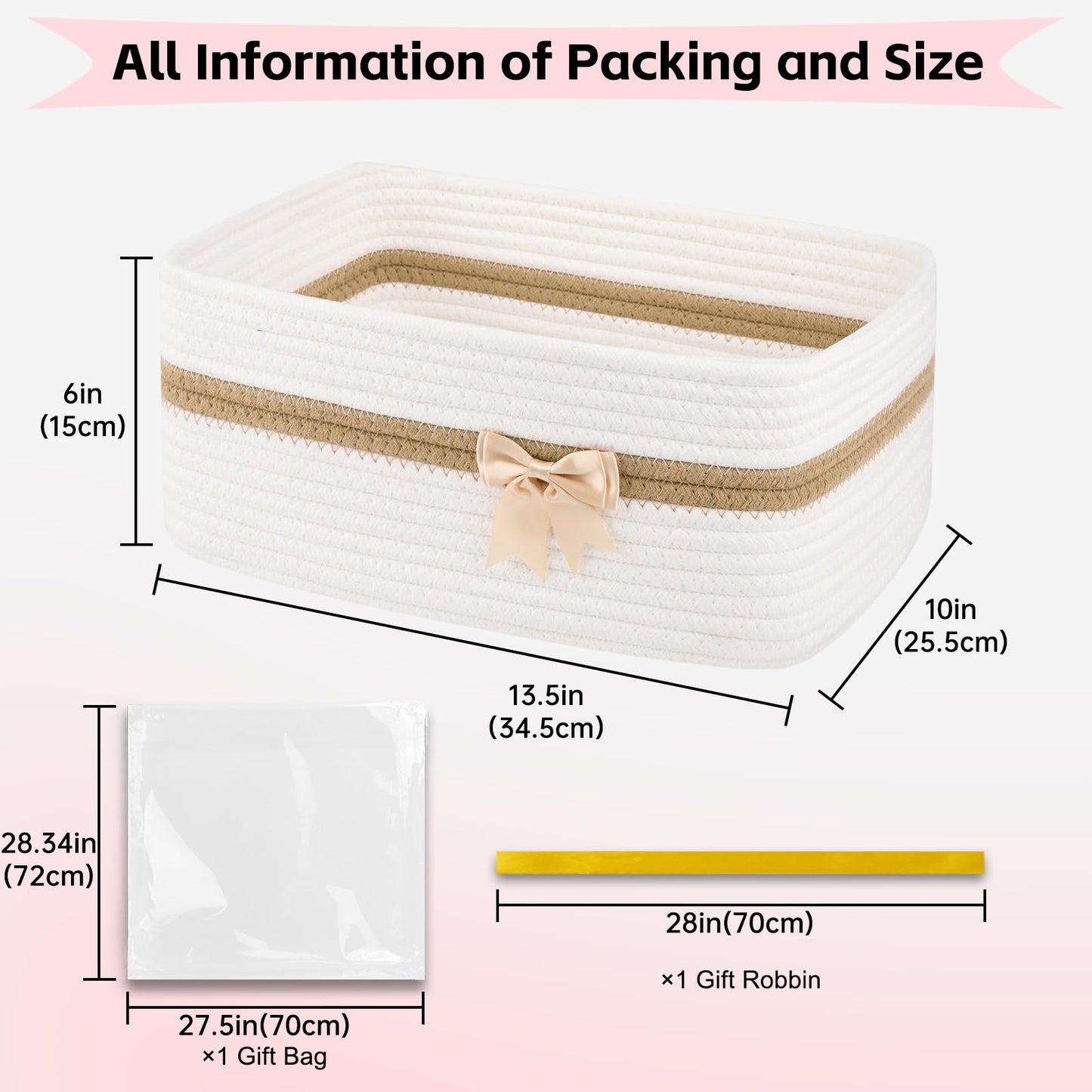 OIAHOMY - Cesta de almacenamiento tejida grande con asas para guardería, estantes de sala de estar, cesta de lazo para regalos vacía con bolsas de regalo y cintas para baby shower, contenedor de