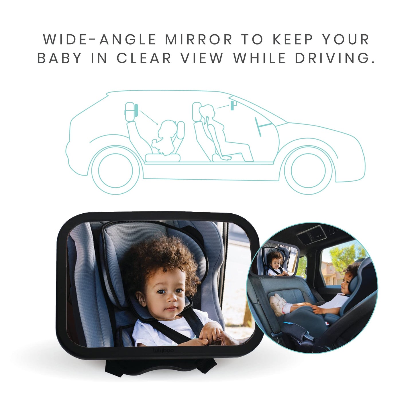 Lulyboo Espejo de bebé grande para coche con rotación de 360°, espejo de asiento trasero ajustable, color negro