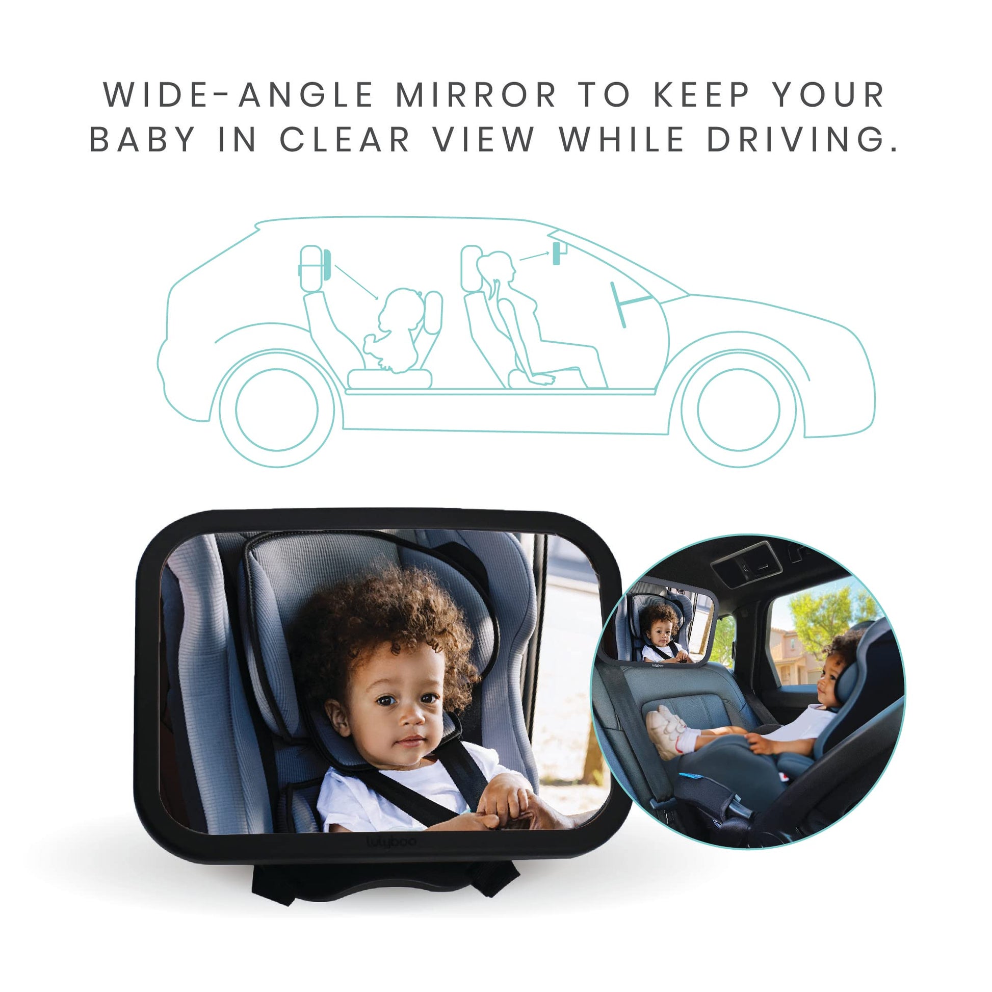 Lulyboo Espejo de bebé grande para coche con rotación de 360°, espejo de asiento trasero ajustable, color negro
