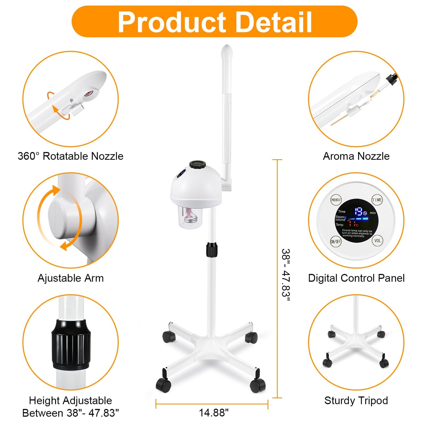 Vaporizador facial profesional, vaporizador facial con niebla ajustable y temporizador, intensidad de vapor ajustable y brazo móvil
