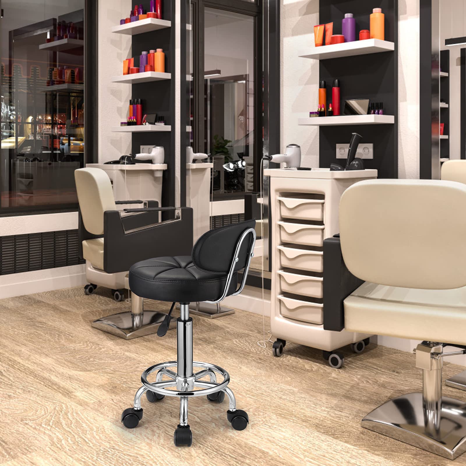 HMTOT Taburetes giratorios con ruedas, altura ajustable, respaldo de banco de spa, color negro