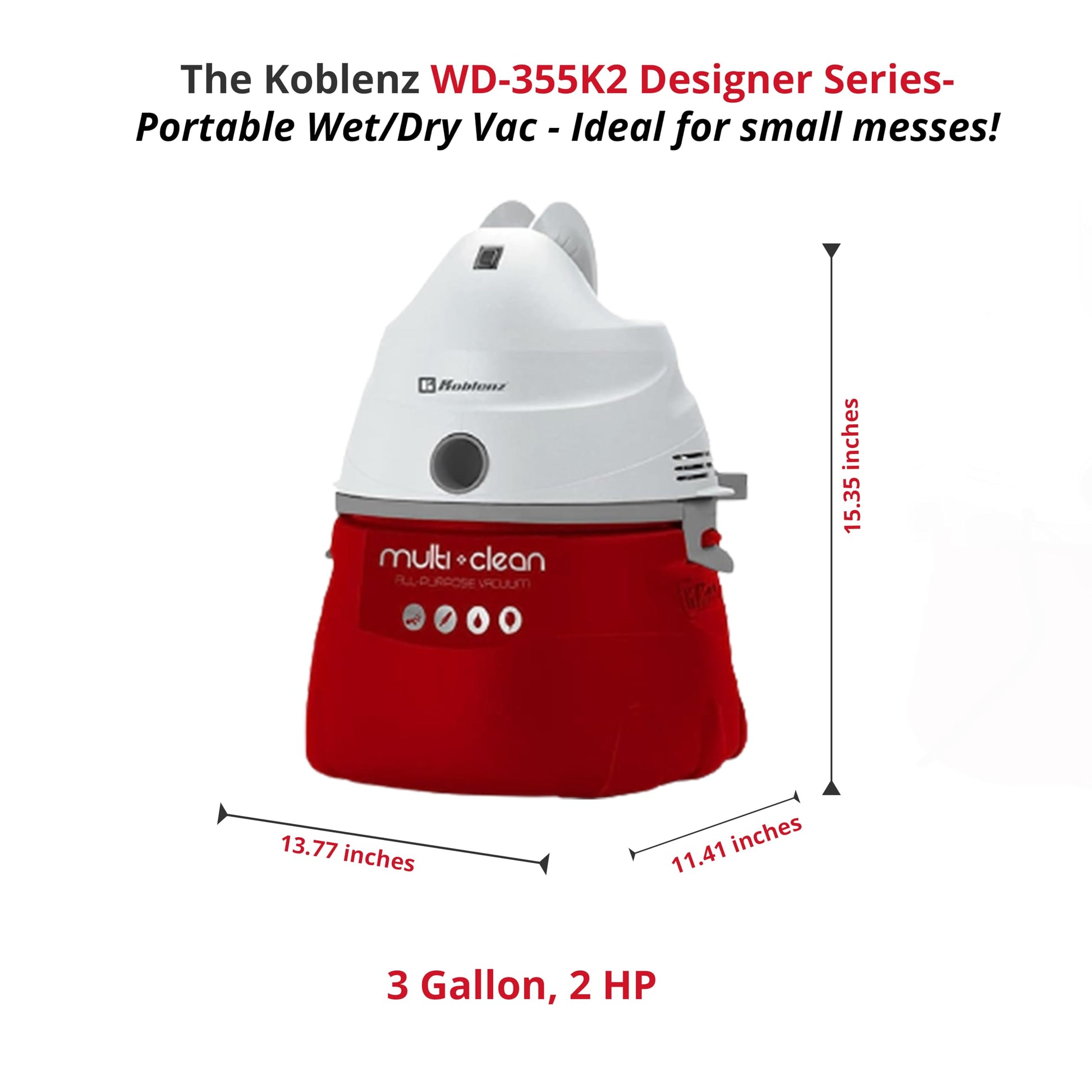 Koblenz Aspiradora Multiusos Portátil Seco-Mojado, 3 galones, 2.0HP, 3 en 1 Aspira sólidos, líquidos y Sopletea Aire, Designer Series, Aspira Polvo, Ácaros y Pelo de Mascota, 3 Accesorios (WD-355 K2)