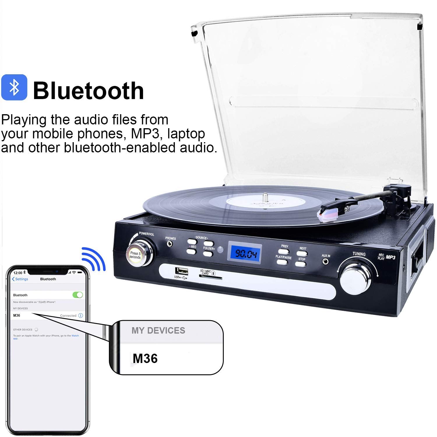 DIGITNOW - Tocadiscos de vinilo LP, con Bluetooth, radio AM y FM, cinta de casete, entrada auxiliar, codificación USB SD y reproducción de MP3 altavoces estéreo integrados, conector para auriculares de 3,5 mm, control remoto y pantalla LCD