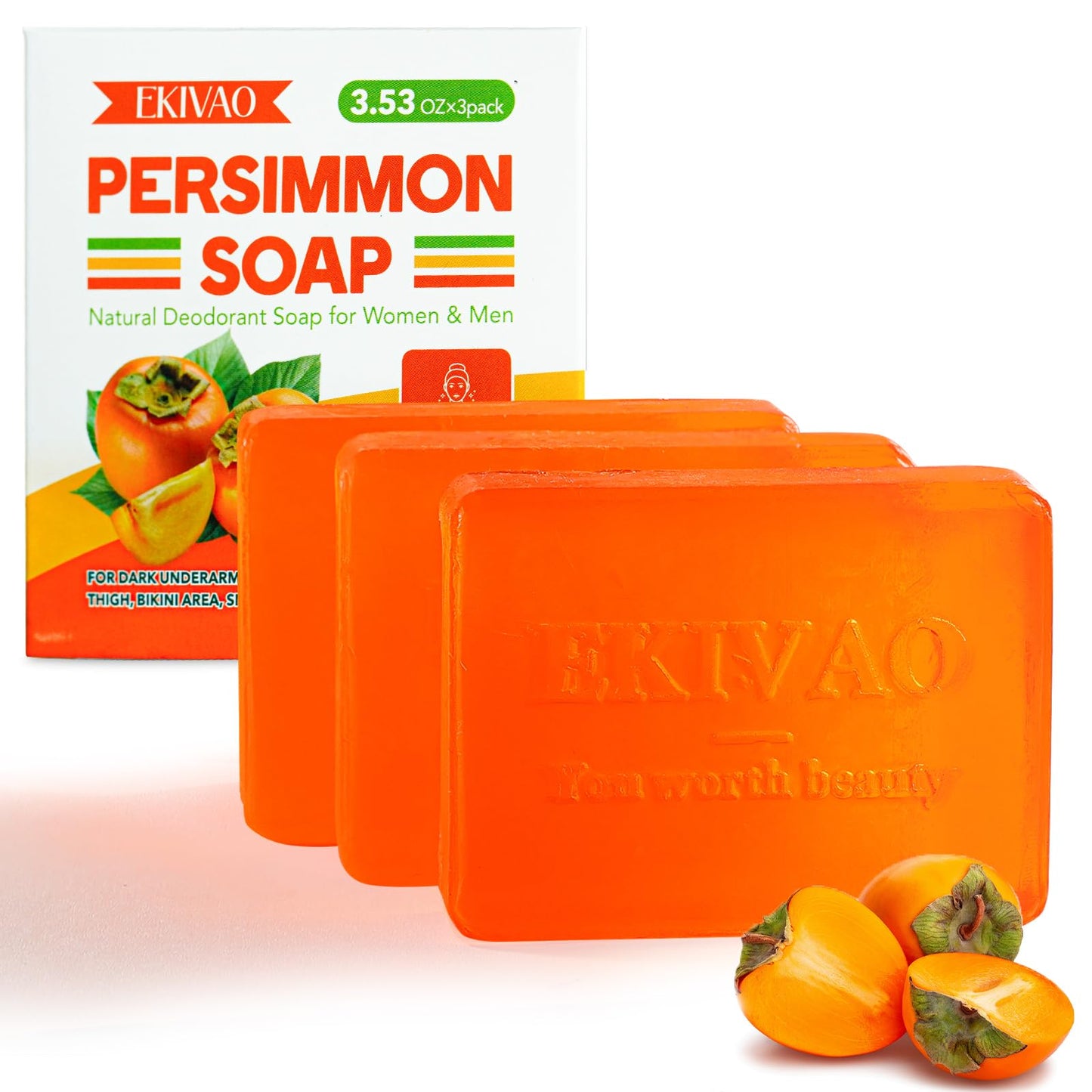 EKIVAO Paquete de 3 barras de jabón de caqui natural para controlar el olor corporal, desodorante orgánico para el cuerpo, jabón de barra de caqui para personas mayores, jabón de baño para eliminar