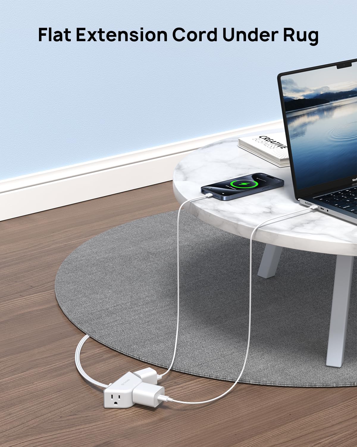 TROND Cable de extensión Largo Plano de 4,6m, regleta de Enchufe Plano de 3 Clavijas con conexión a Tierra, Cable de alimentación de Perfil Lowe de Calibre 16 para Cocina Garaje Oficina Dormitorio