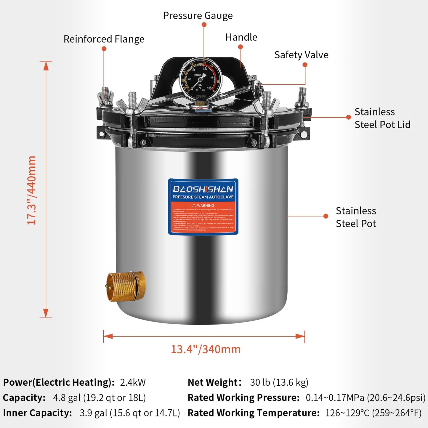 BAOSHISHAN Autoclave de vapor de 18 litros, 19 cuartos de galón de acero inoxidable, autoclave de presión portátil, 1 kW 110 V