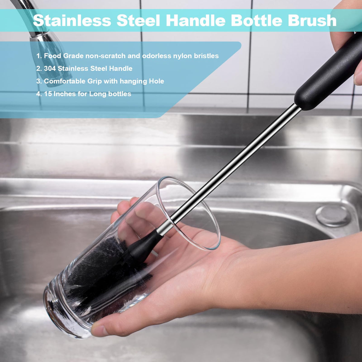 Paquete de 4 cepillos para botellas de agua y pajilla, cepillo para polvo de limpieza para biberones de acero inoxidable de mango largo para biberones deportivos, tazas, platos, tazas de café,