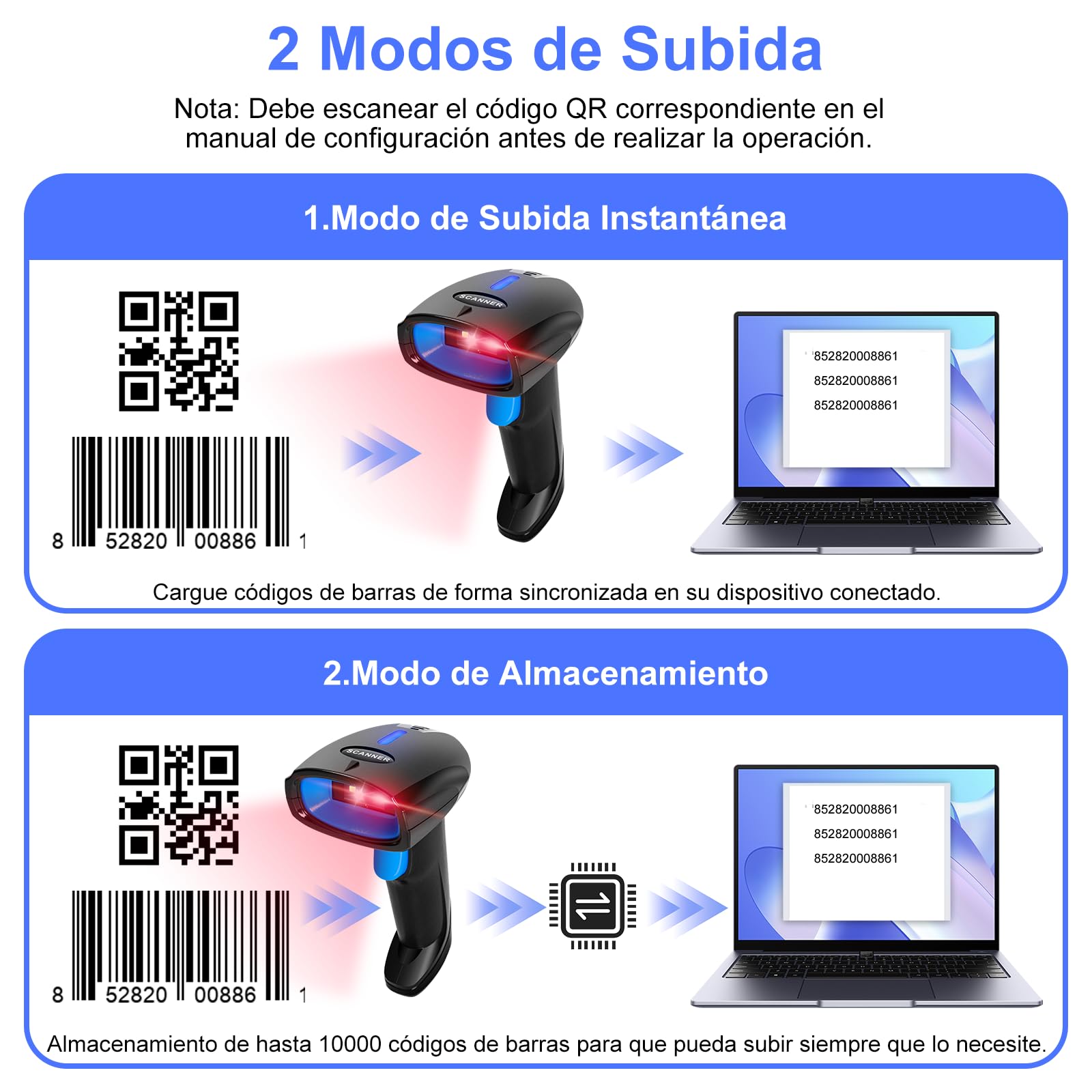 Escaner Codigo de Barras 3 en 1 - 2D 1D Lector Código de Barras Bluetooth Inalámbrico 2.4GHz - Scanner Código de Barras Láser Alámbrico para Supermercado/Biblioteca/Teléfono Android/iOS/PC/Windows/Mac