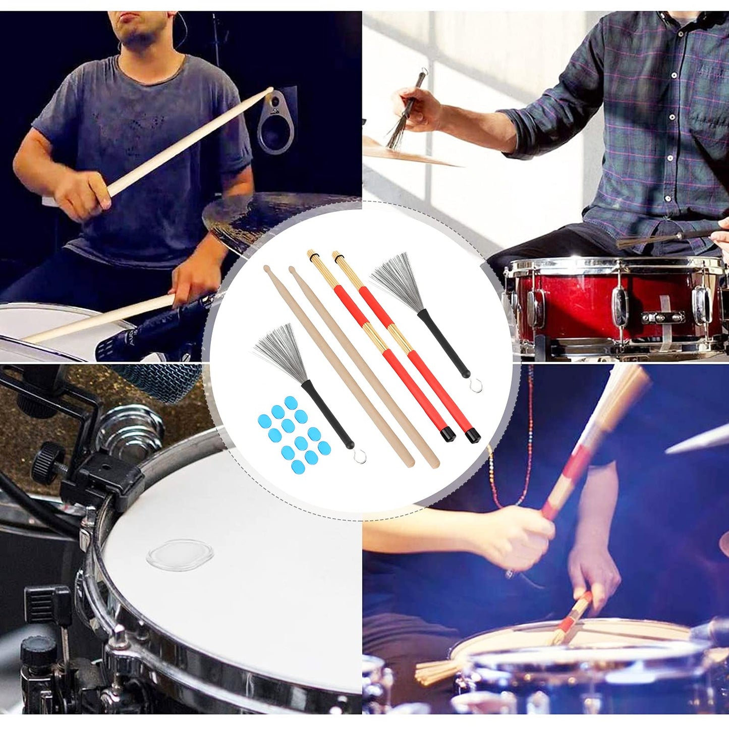 Juego de Baquetas 5A, Escobillas y 12 Amortiguadores de Tambor para Niños, Adultos, Banda de Rock (M02761 Blue)