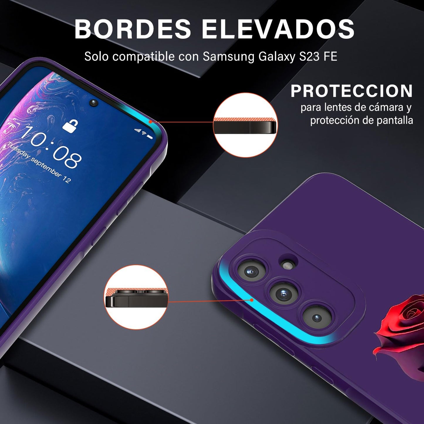 Threehao Funda para Samsung Galaxy S23 FE Case Uso Rudo, Ultra Delgado Flexible Silicona Púrpura Carcasa con Aesthetic Dibujos Flores, Antigolpes Anti-arañazos Protectora