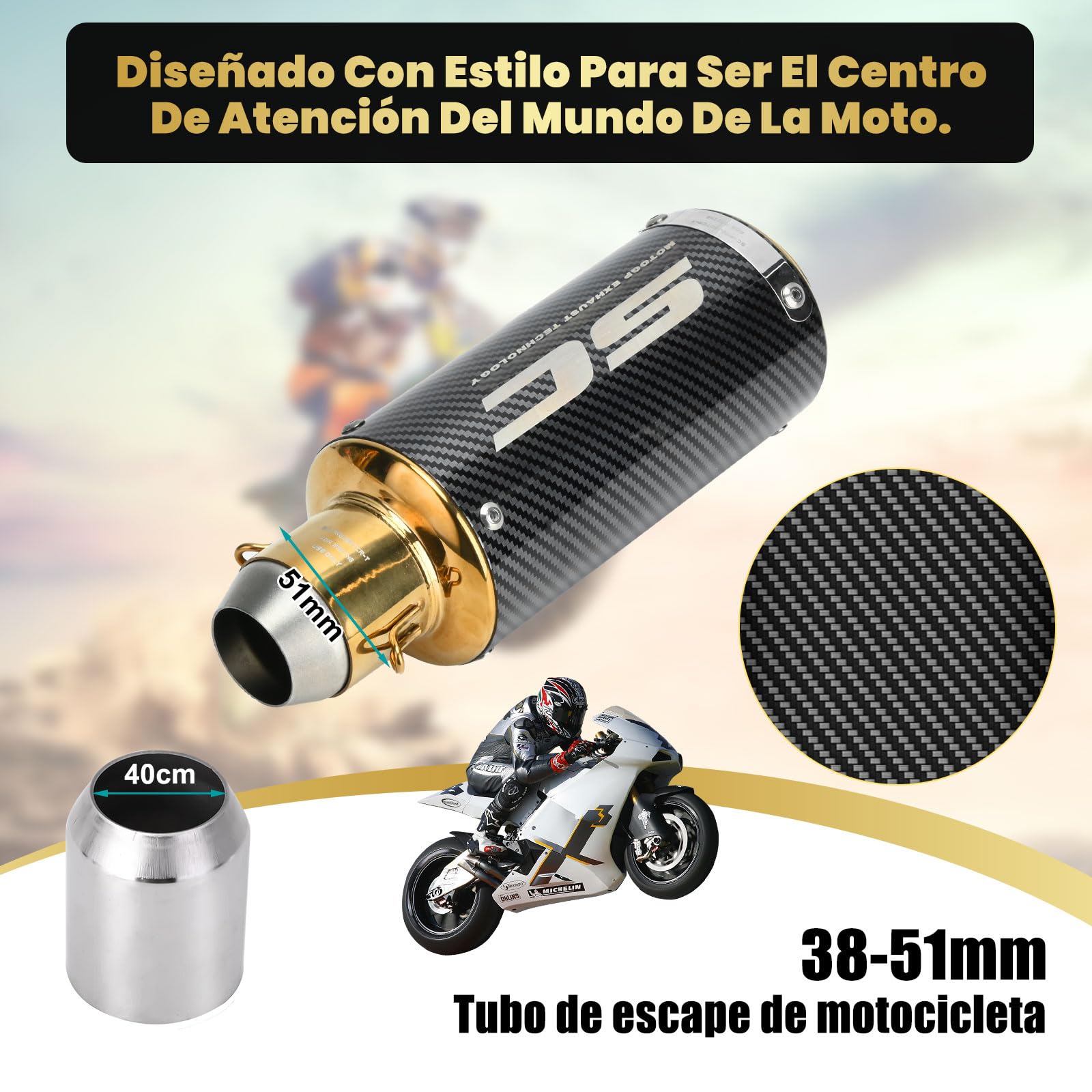 Kayoosi Escape de Moto, Tubos de Silenciador de Escape Universal de 51mm, Tubo de Escape de Acero Inoxidable para Motos, Street Bikes, Dirt Bikes (Fibra de Carbono Dorado)