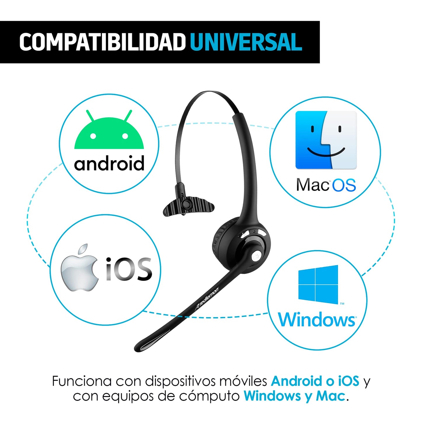 Diadema con Micrófono Bluetooth Redlemon Negra Recargable de Larga Duración para Gaming y Videoconferencias