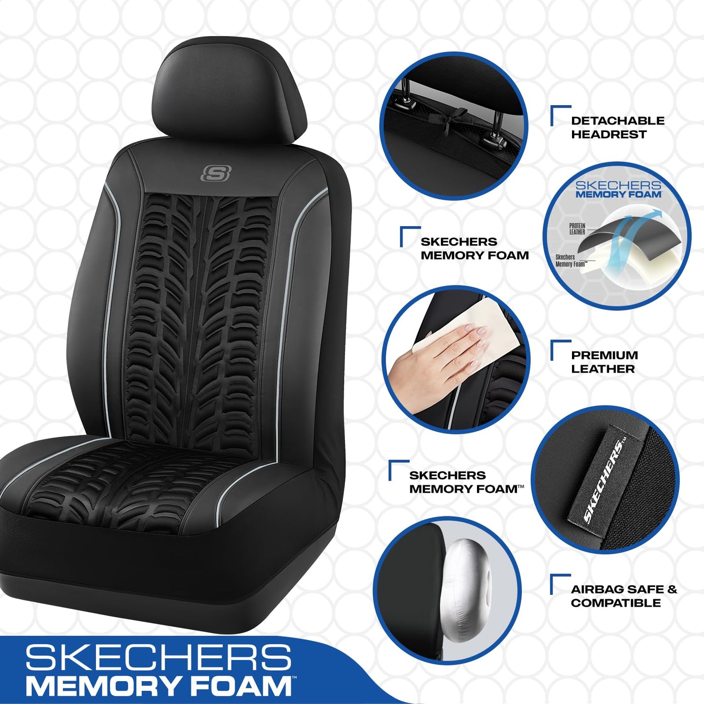 Skechers - Fundas de asiento Slip-Ins de espuma viscoelástica 3D, fundas de asiento de coche de piel en relieve, compatible con bolsas de aire, universal para la mayoría de coches, furgonetas