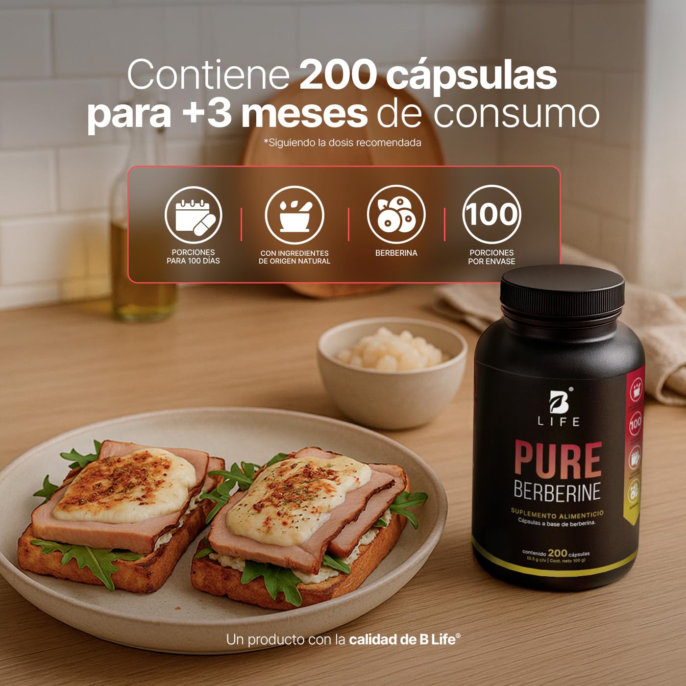 B Life Berberina HCL Pura 1000 mg | 200 Cápsulas | Ingredientes Naturales | Pure Berberine.