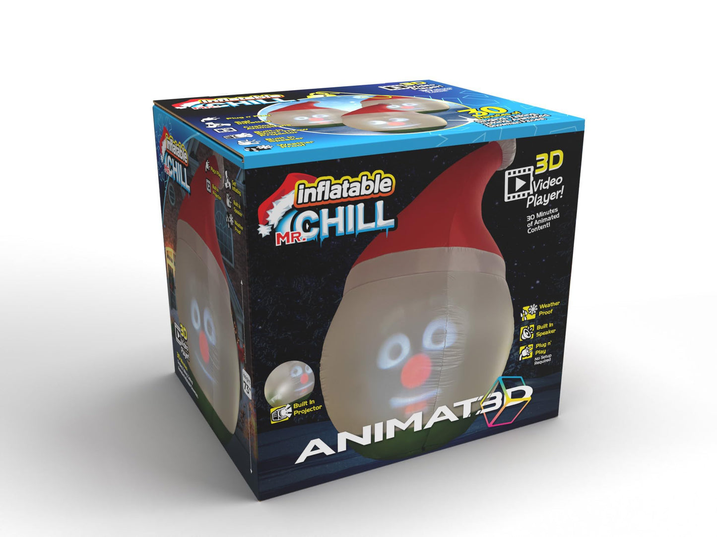 ANIMAT3D Muñeco de Nieve Inflable Inflable Mr. Chill Talking con visualización HD integrada de 56 Pulgadas y proyector Integrado + Altavoz Incluye 30 Minutos de Contenido