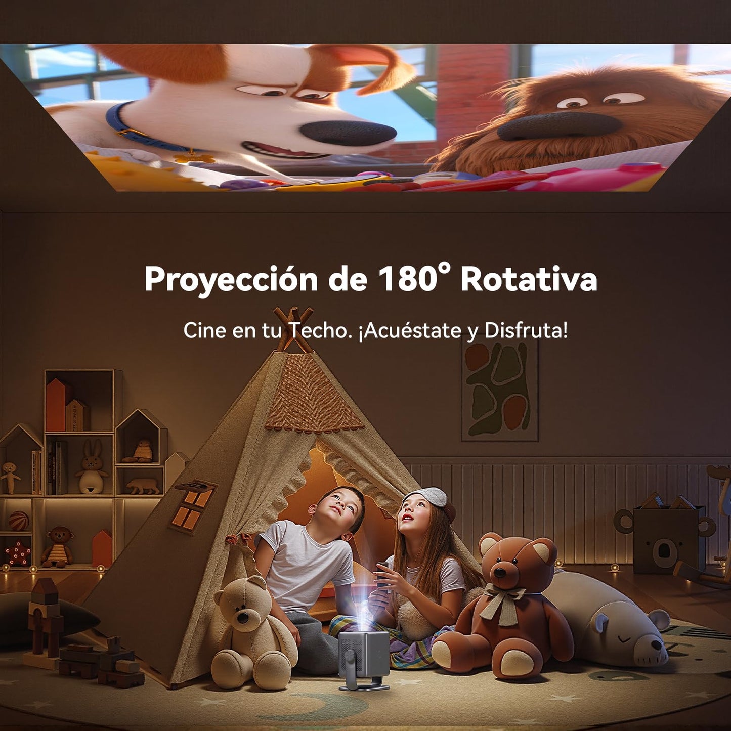 VUEKIME 2026 Proyector Portátil con Android 13, Proyector 4K Soporte y 1080P Nativo con WiFi 6 y Bluetooth 5.2, 500 ANSI, Auto Enfoque/Keystone, Rotación 270°