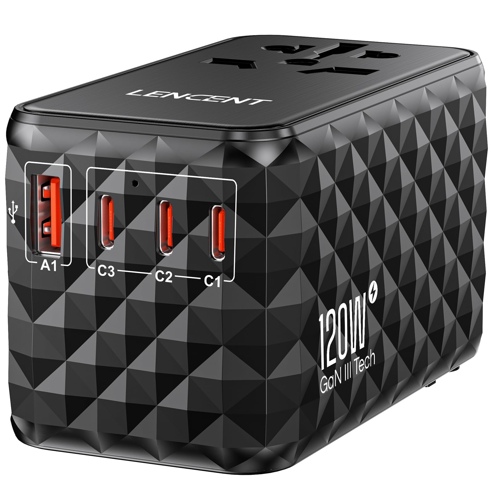 LENCENT Adaptador Universal de Viaje, 120W Internacional con 1 USB y 3 USB-C PD Carga Rápida, Cargador Europeo con Enchufe Tipo A/C/G/I para USA/UE/Reino Unido/Australia, Negro