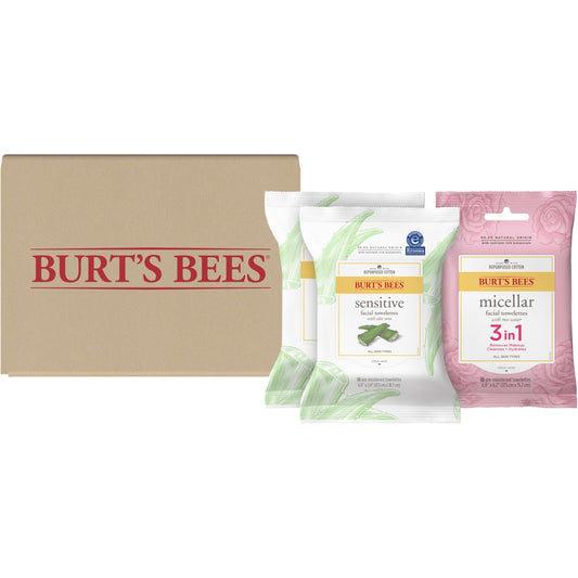 Burt's Bees Face Wipes, Makeup Remover Facial Cleansing Towelettes for All Skin Types, Sensitive Wipes with Aloe Vera (60 Count) & Travel Micellar Wipes with Rose Water (10 Count) (70 Total Wipes)