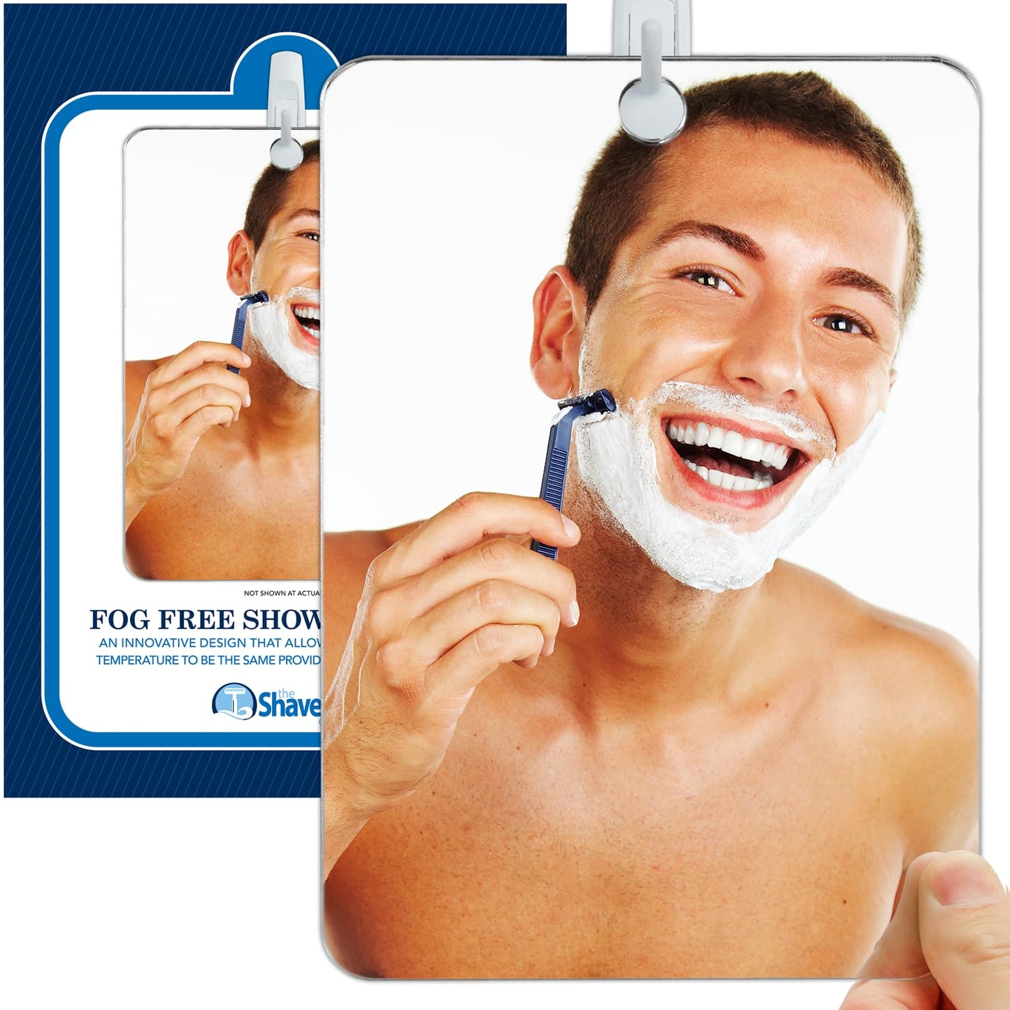 The Shave Well Company - Espejo de Afeitar antivaho XL, Espejo de Ducha de baño sin Niebla con opción de Mano para Hombres y Mujeres, Espejo de Ducha Colgante sin Niebla Incluye Gancho calcomanía