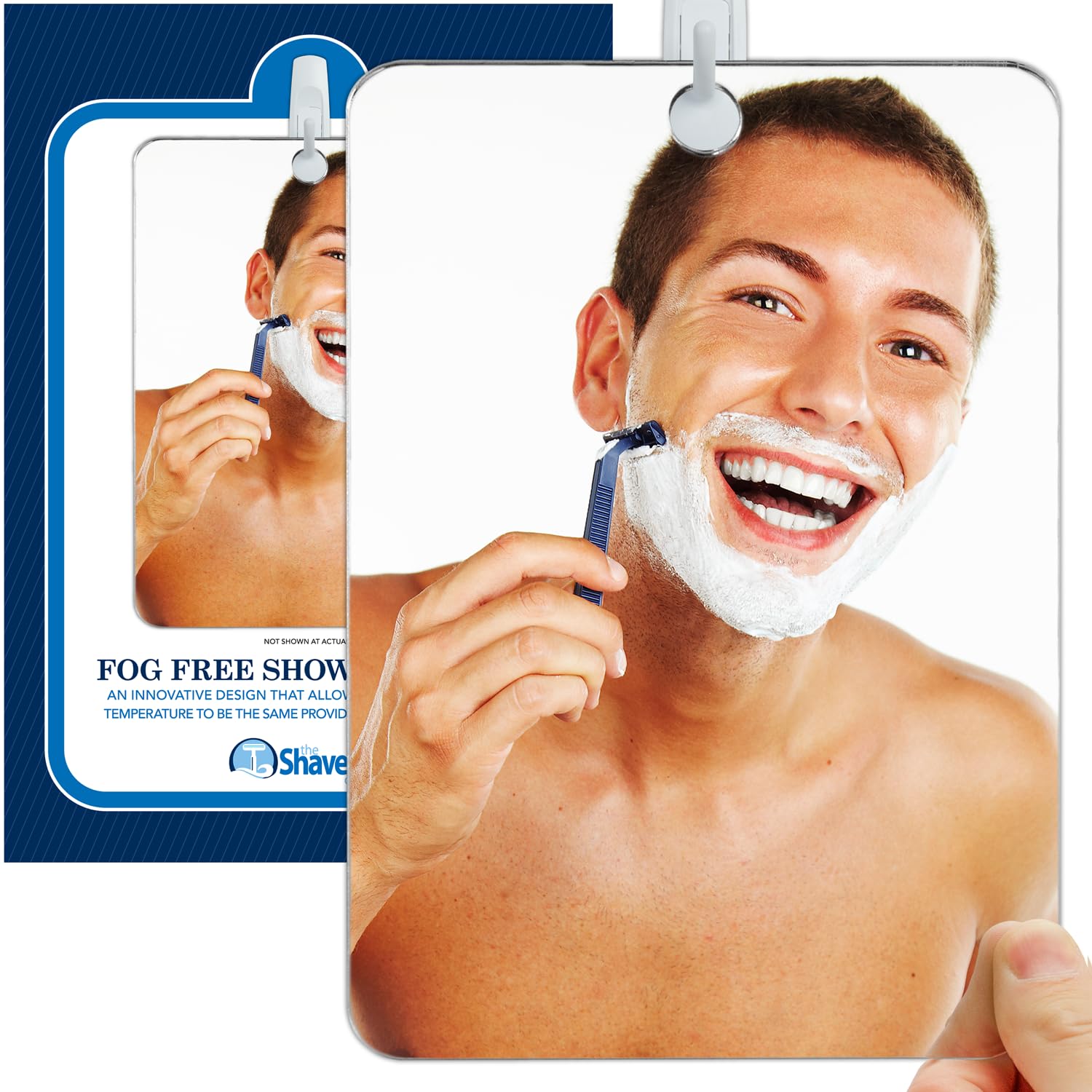 The Shave Well Company - Espejo de Afeitar antivaho XL, Espejo de Ducha de baño sin Niebla con opción de Mano para Hombres y Mujeres, Espejo de Ducha Colgante sin Niebla Incluye Gancho calcomanía