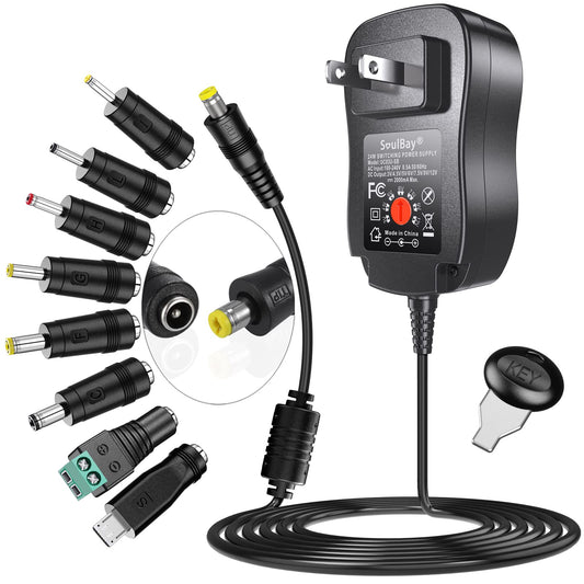 Adaptador AC/DC Universal SoulBay Negro Versión Mejorada Regulable Multi-Voltaje con 8 Conectores Seleccionables para Electrónica Doméstica de 3V a 12V 2 Amperios Máx.