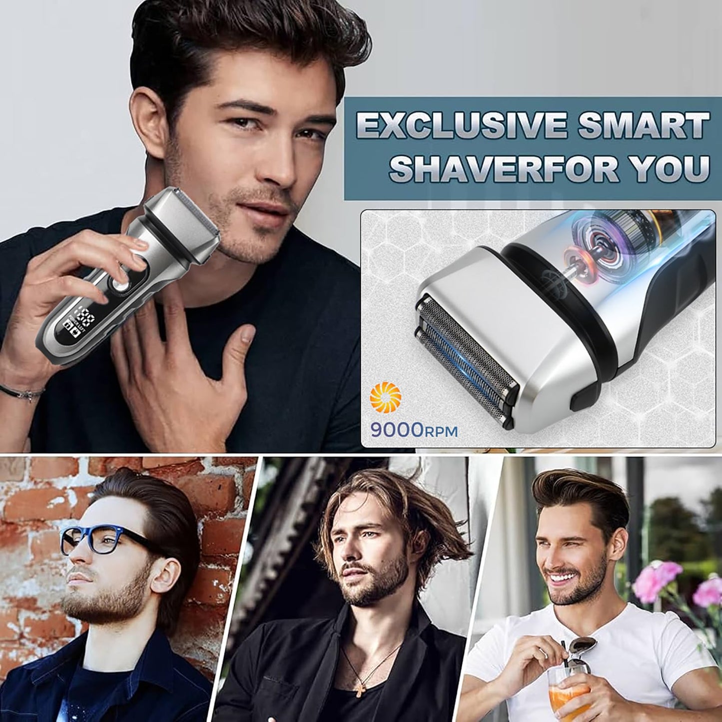 Famhnto Afeitadora Eléctrica de Láminas para Hombre, Recargable E Inalámbrica, con Cuchilla Desplegable para Patillas, para Uso En Seco Y Húmedo, Color Plateado