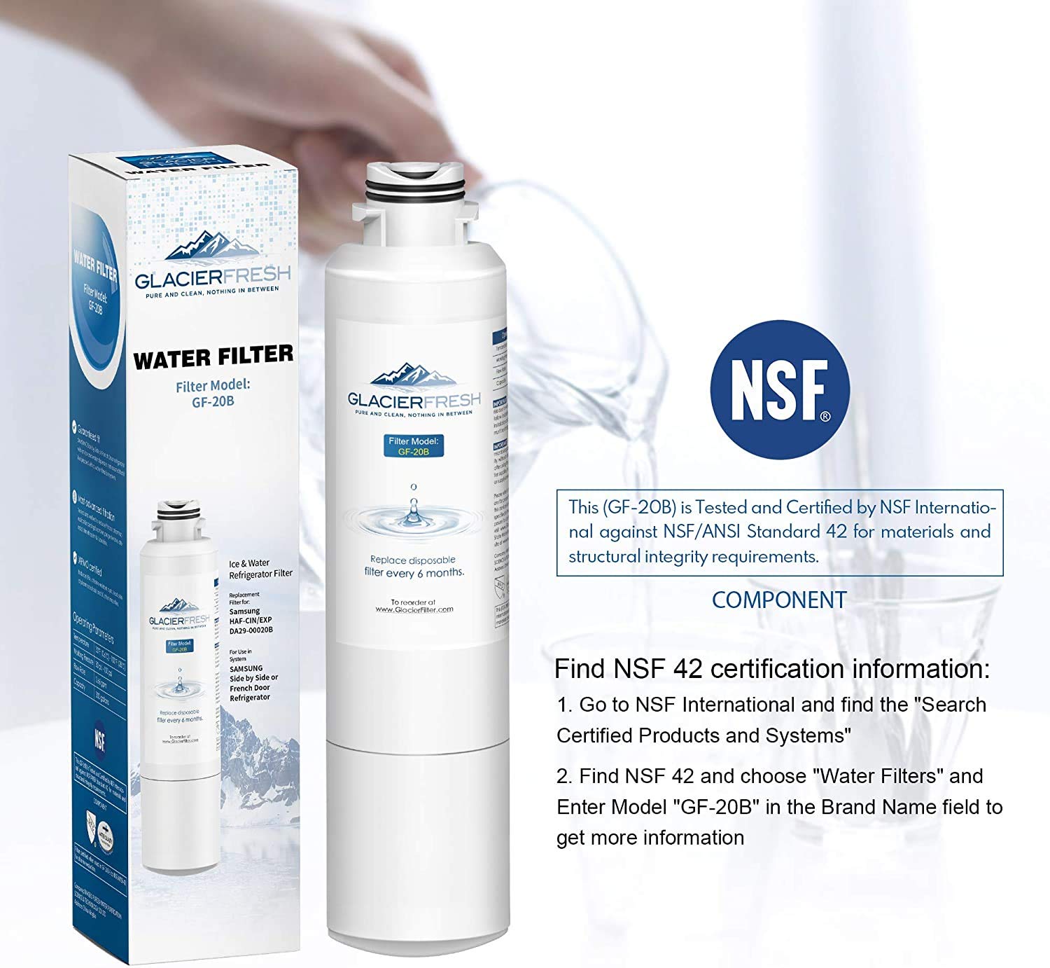 Filtro de Agua Glacier Fresh DA29-00020B para Refrigerador, Reduce 99% del Plomo, Incluye Garantía y Cronómetro