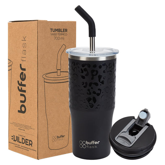 Buffer Flask - Vaso Térmico 700 ml - Termo para Café y Agua de Acero Inoxidable - Tapa Anti Derrame y Fugas - Taza Tumbler Mug para Bebidas Frías y Calientes - Incluye Popote - Color Leopardo Negro