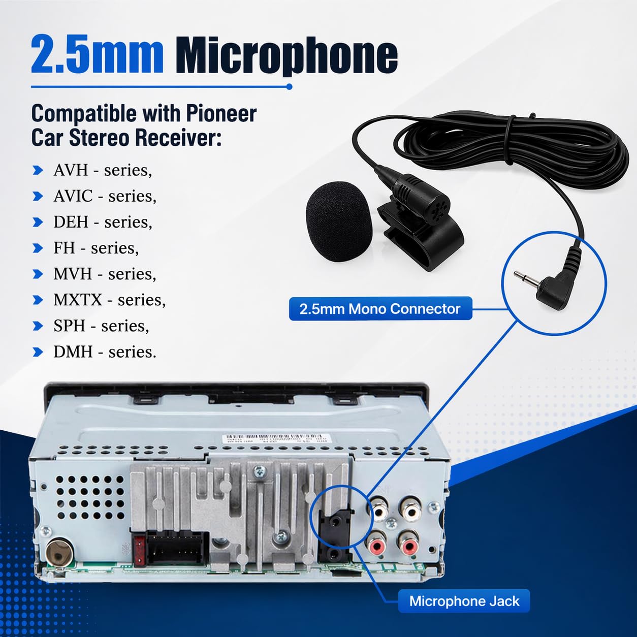 Micrófono SCREENTRONICS de 2,5 mm con manos libres para salpicadero y coche, receptor estéreo compatible con Pioneer