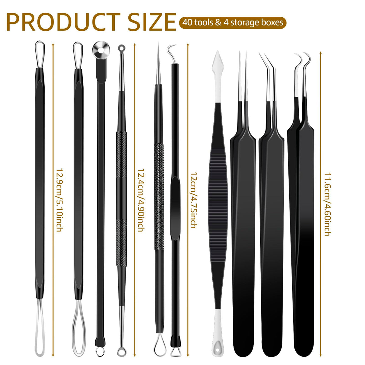 40 piezas de herramientas de popotón de espinillas de acero inoxidable, extractor de comedones para frente, nariz, herramienta ligera de aguja de acné con caja de metal para viajes en el hogar