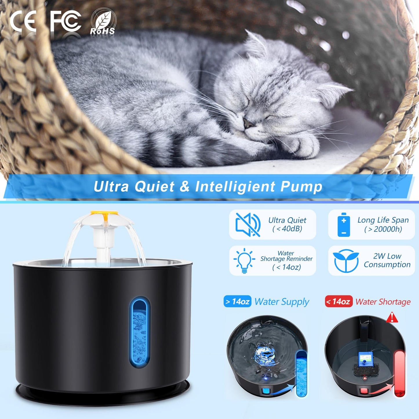 Fuente de agua para gatos Parner, 2,4 l de acero inoxidable automático para mascotas, dispensador de agua con bomba inteligente e indicador LED para alerta de escasez de agua, fuente de agua para gatos y perros con 4 filtros de repuesto y alfombrilla de s