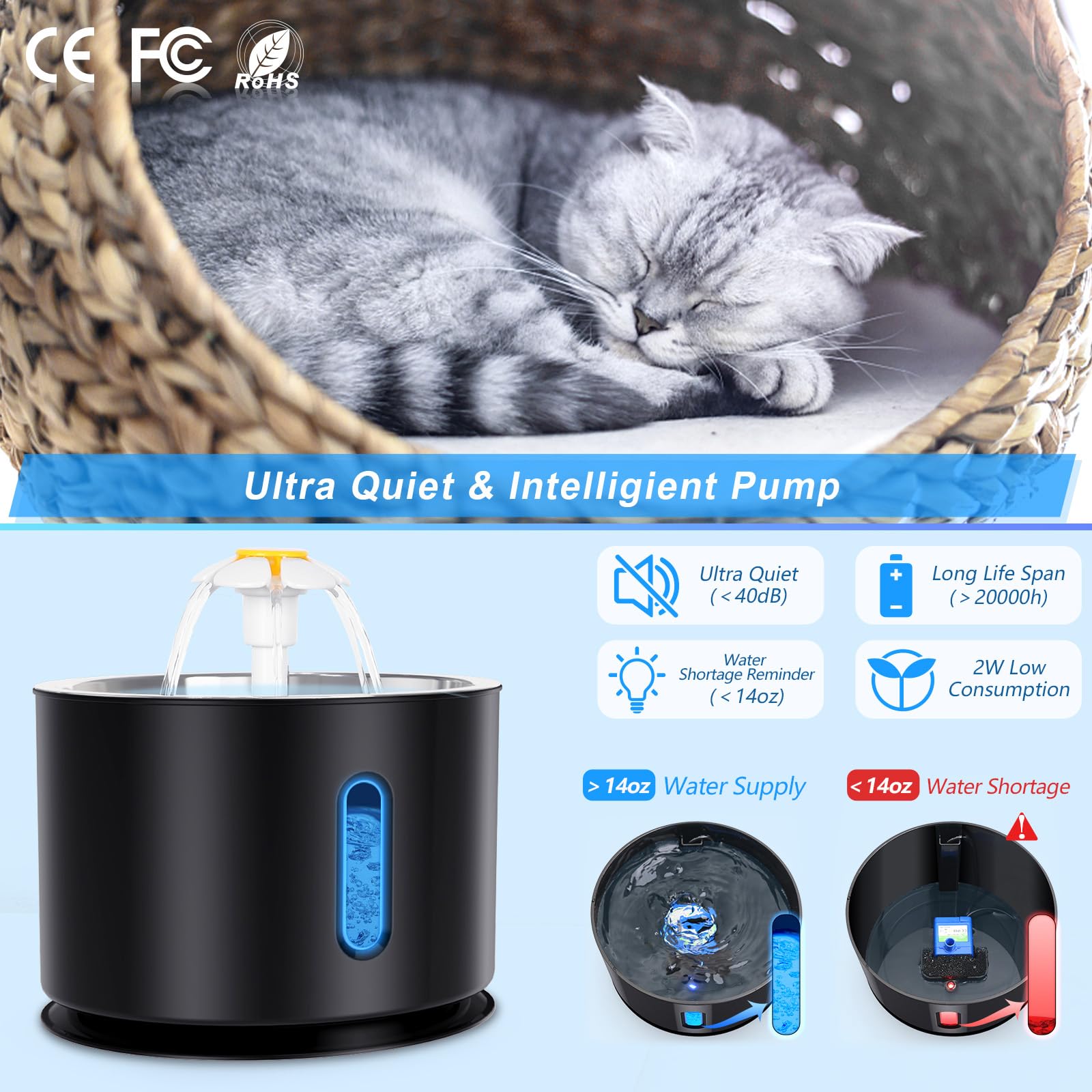 Fuente de agua para gatos Parner, 2,4 l de acero inoxidable automático para mascotas, dispensador de agua con bomba inteligente e indicador LED para alerta de escasez de agua, fuente de agua para gatos y perros con 4 filtros de repuesto y alfombrilla de s