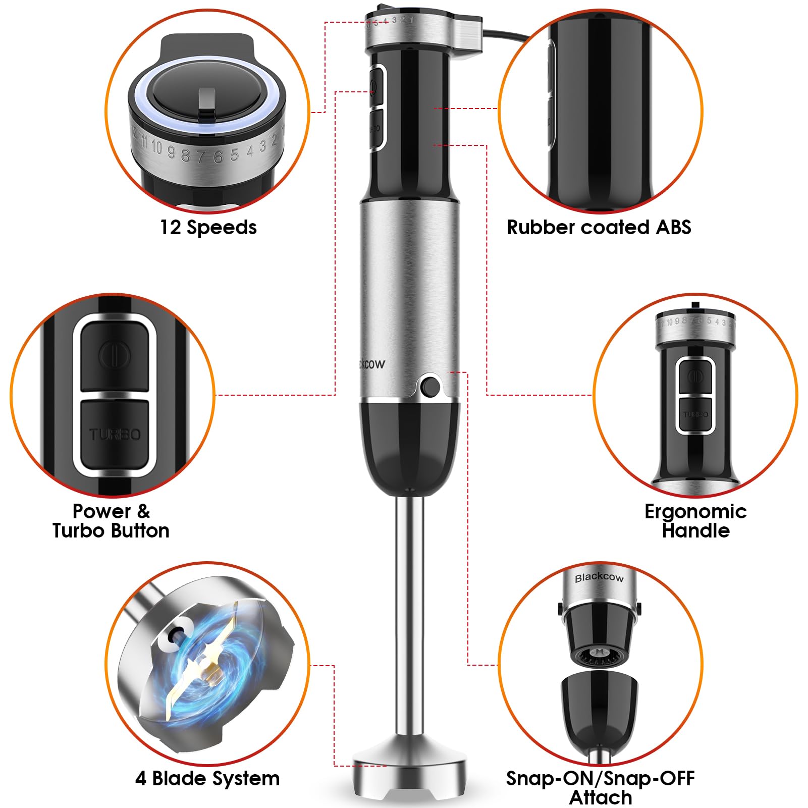 Batidora de inmersión de mano para cocina, licuadora de emulsión de mano con cuchillas de titanio, mezclador de mano eléctrico de 12 velocidades con accesorios sin BPA, tazón de picador, batidor,