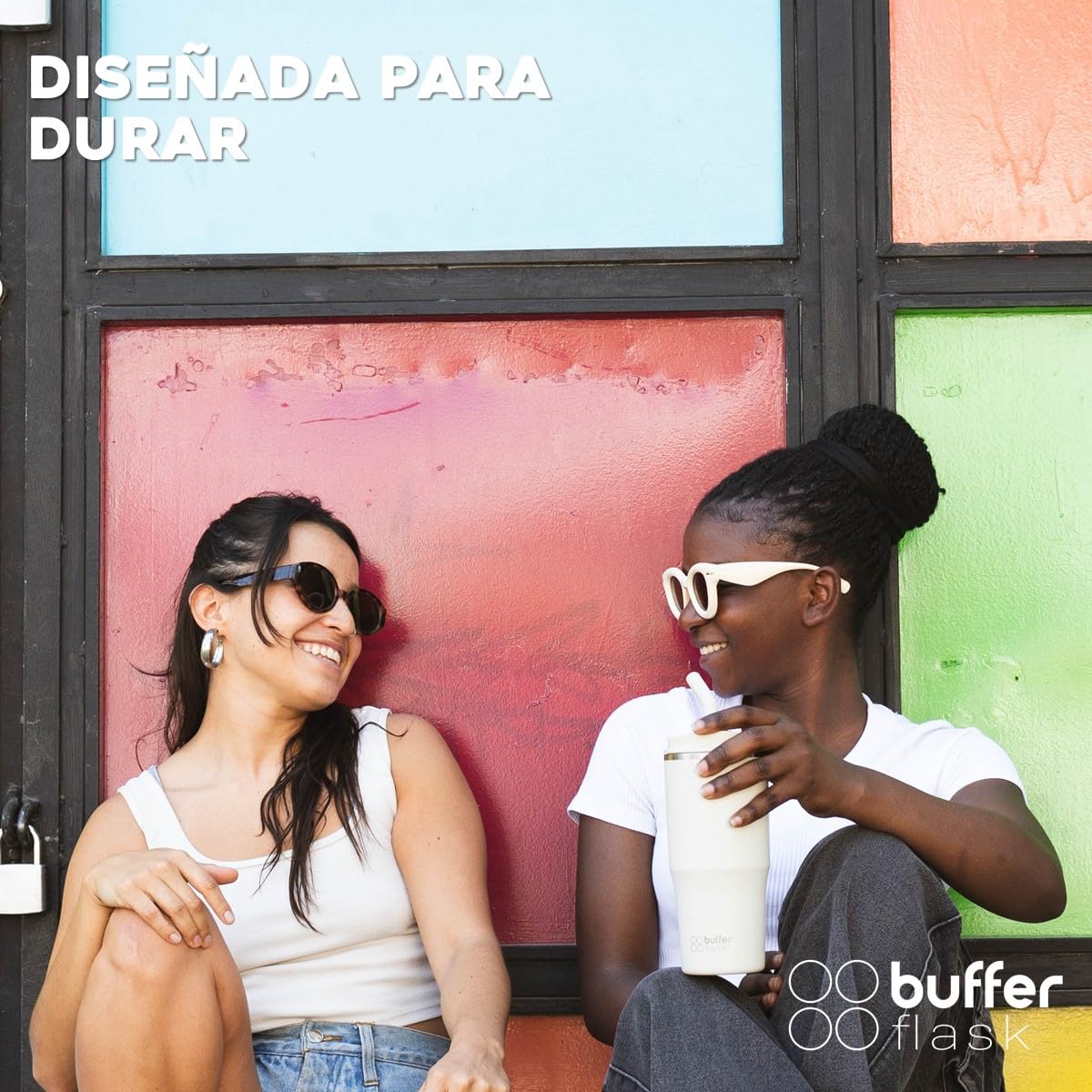Buffer Flask - Vaso Térmico 600 ml - Termo para Café y Agua de Acero Inoxidable - Tapa Anti Derrame y Fugas - Taza Tumbler Mug para Bebidas Frías y Calientes - Incluye Popote - Color Ivory