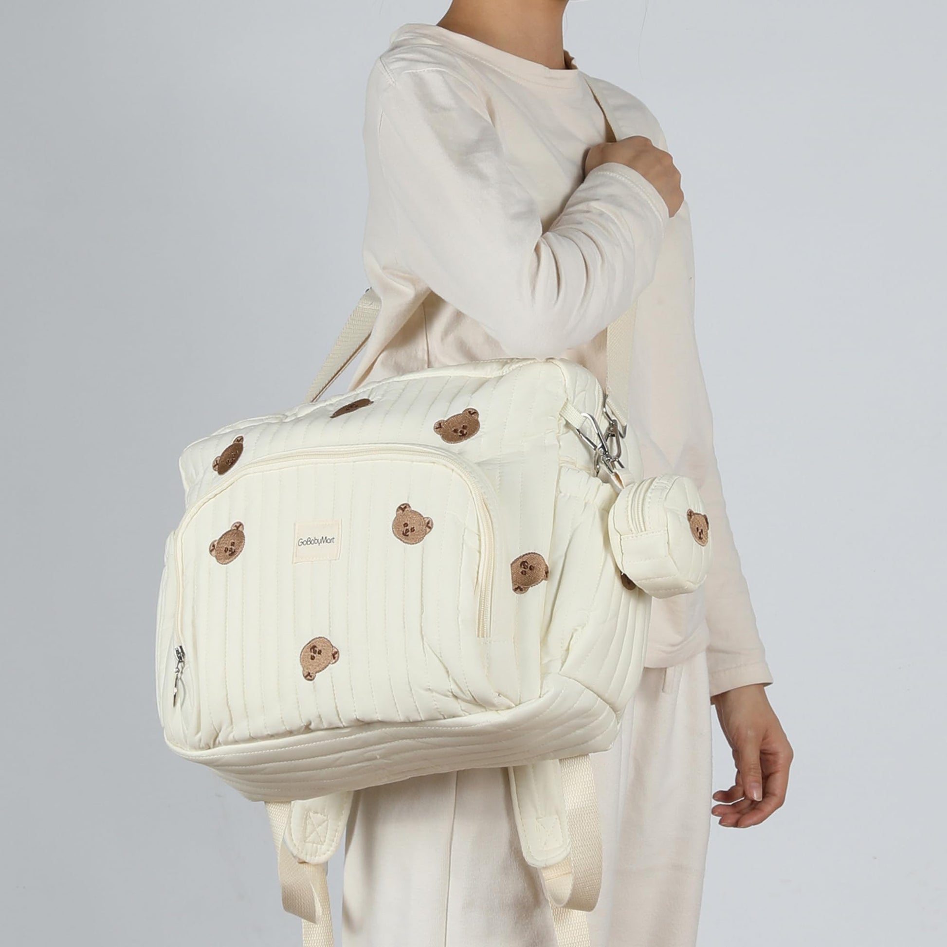 GOBABYMART - Mochila para pañales con cambiador, bolsa de viaje para bebé, bolsillos aislados para botellas, correas para carriola (medianas, ositos beige)