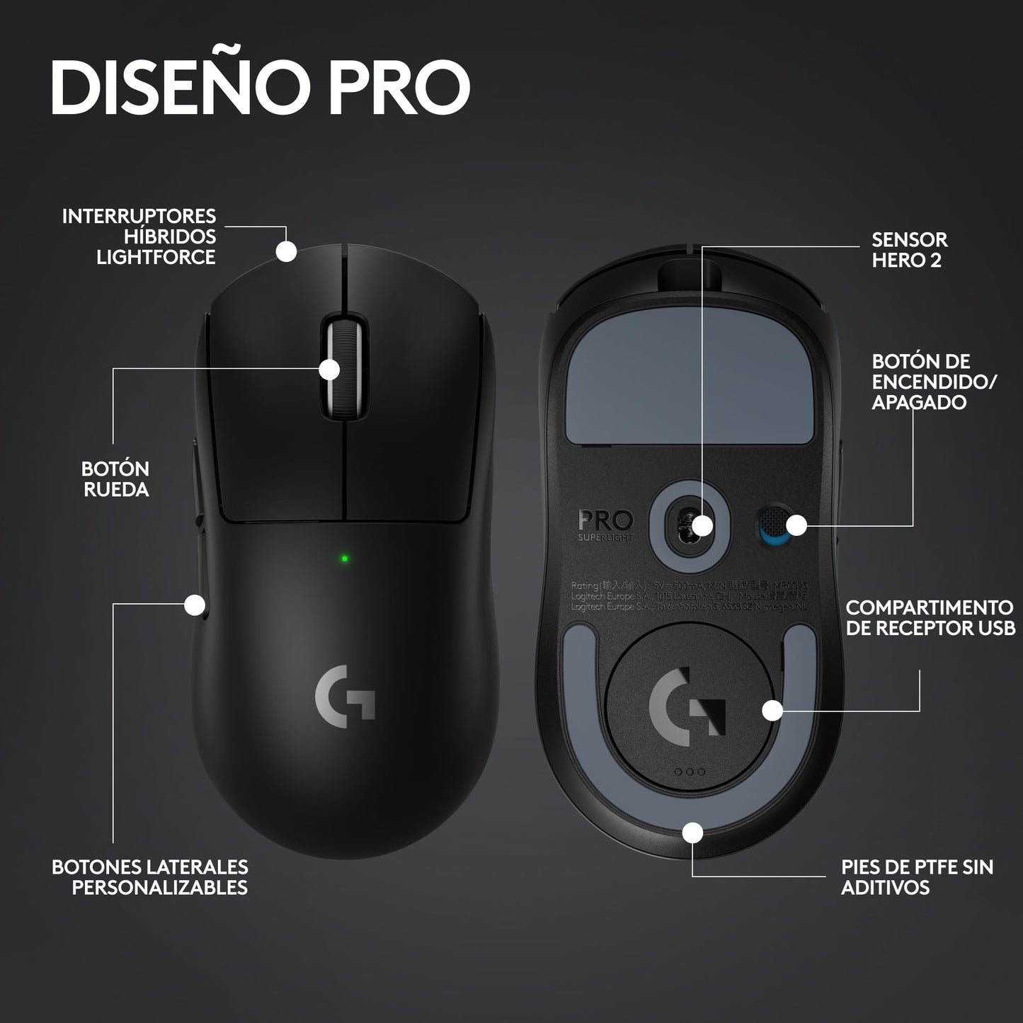 Logitech G Pro X Superlight 2 Lightspeed Mouse Inalámbrico de Juegos, Ligero, Interruptor Híbrido LIGHTFORCE, Sensor Hero 2, 32,000 dpi, 5 BOT. Programables, Carga USB-C, PC y Mac - Negro
