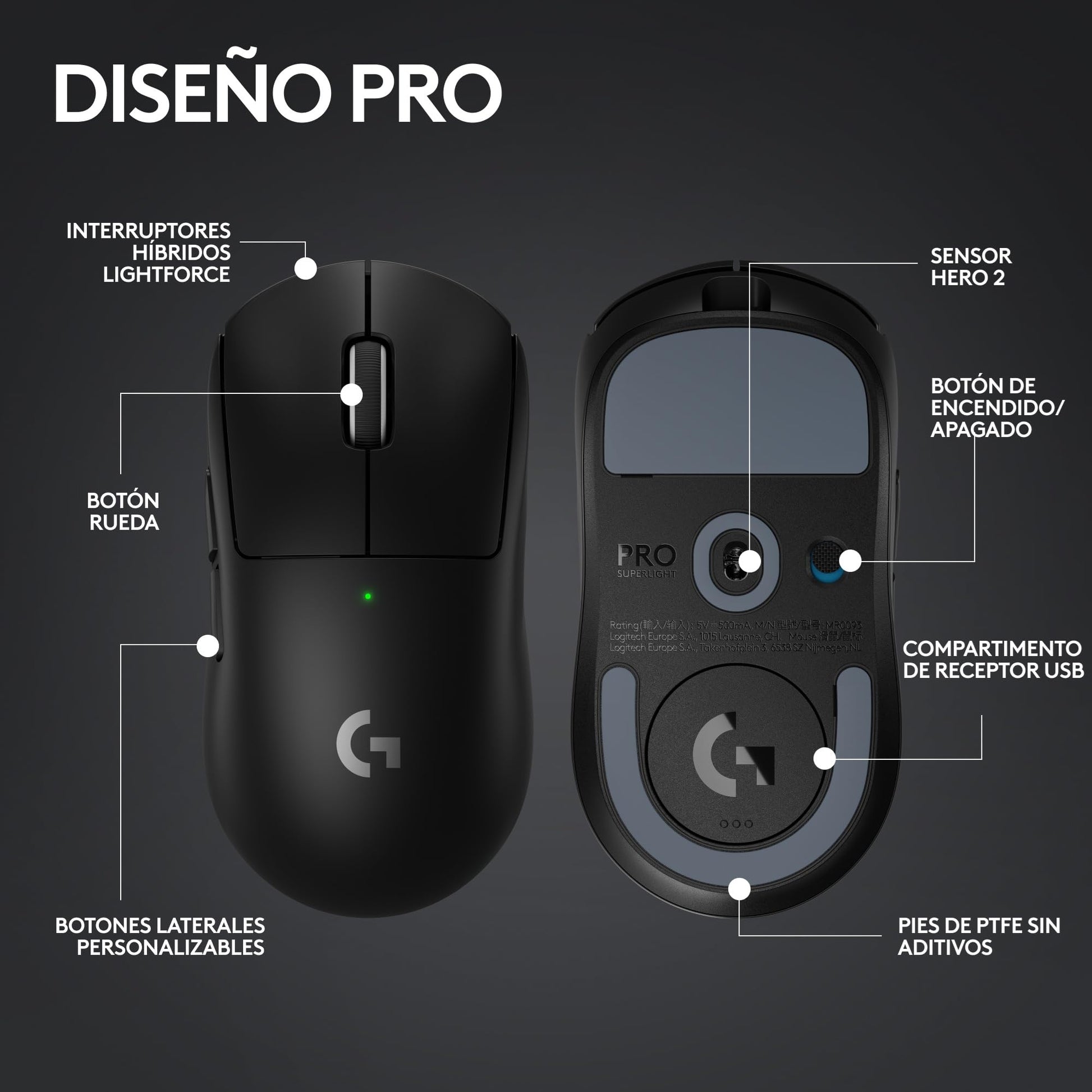 Logitech G Pro X Superlight 2 Lightspeed Mouse Inalámbrico de Juegos, Ligero, Interruptor Híbrido LIGHTFORCE, Sensor Hero 2, 32,000 dpi, 5 BOT. Programables, Carga USB-C, PC y Mac - Negro