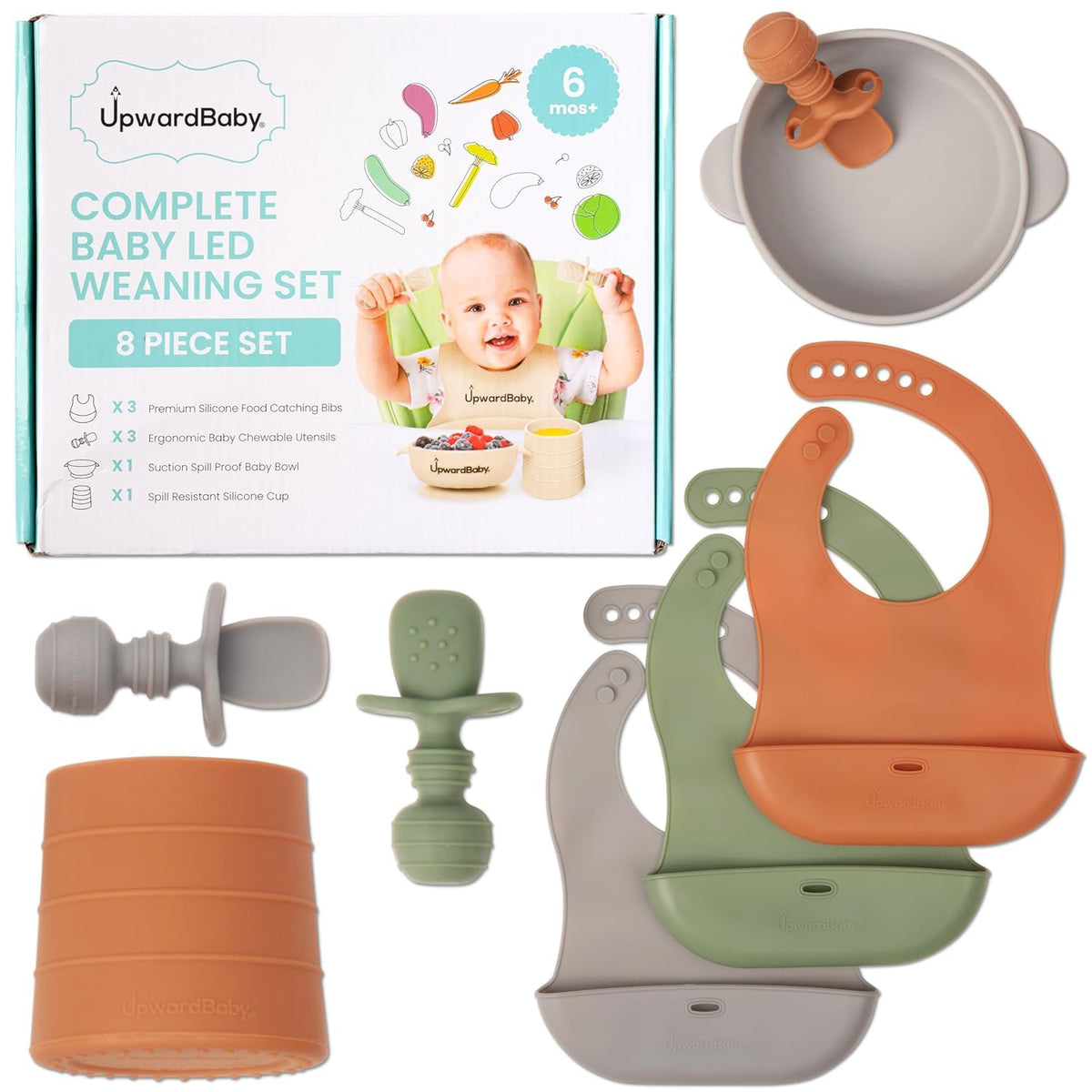 Upward Baby Eating Supplies - 6 meses de edad, utensilios de destete LED para bebés de 6 a 12 meses, cuencos de ventosa, platos de bebé, cucharas y tazas para niños pequeños con 3 baberos de silicona, juego de autoalimentación para bebés