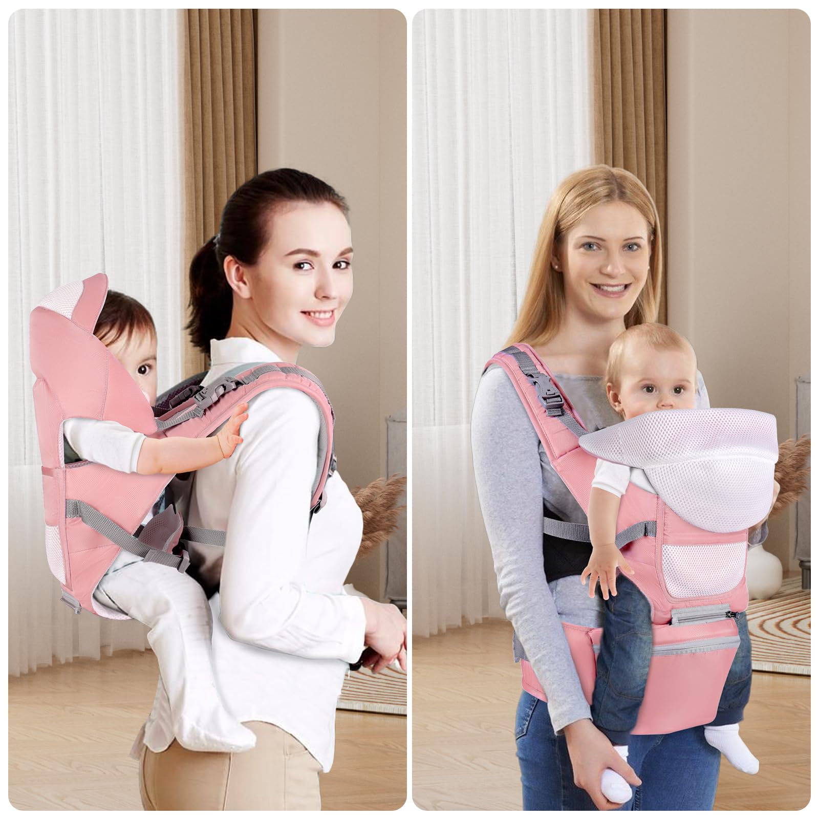 Portabebés Fular Cangurera Asiento de Cadera Ergonomico Ligero y Ajustable Rosa para Bebé de 0 a 36 Meses