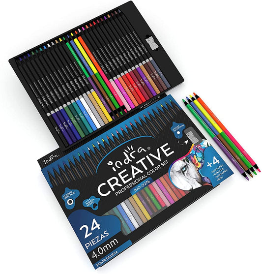 IND-0276 Professional Color Set Indra 24 Lápices Diferentes Colores +4 Adicionales Bicolores Colores Metálicos Neón Sacapuntas Incluido Cuerpo Redondo Madera Negra