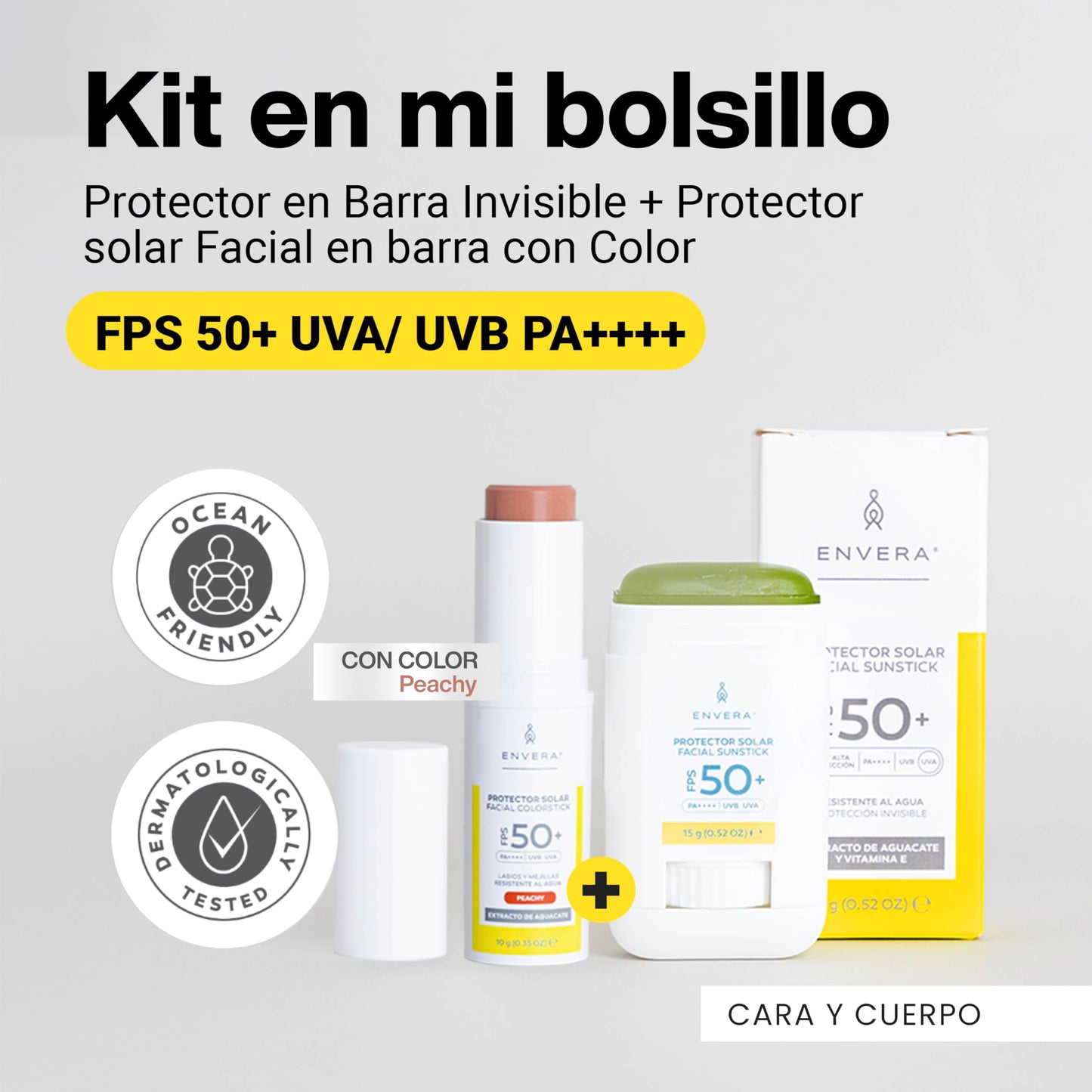 ENVERA Kit "En mi bolsillo" Protector en Barra Invisible + Protector solar Facial en barra con Color para mejillas, párpados y labios | Regalos para Mujer San Valentin
