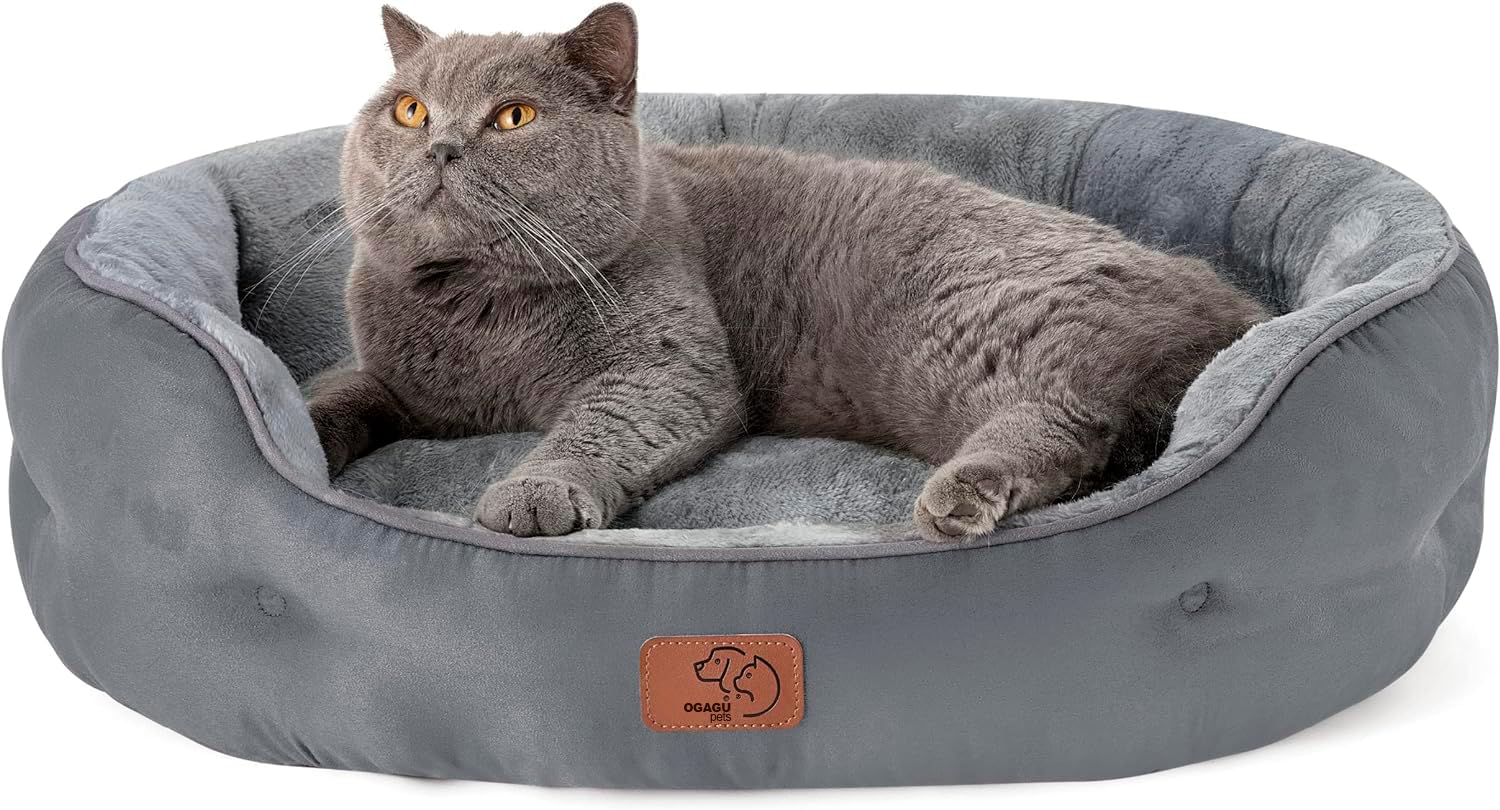 OGAGU Cama para Gato Mediano, Cama para Perro Chico o Mediano, Cama para Mascota Lavable en Maquina, Suave Base Antideslizante, Resistente a Suciedad y facil de Lavar (Gris, Medium)