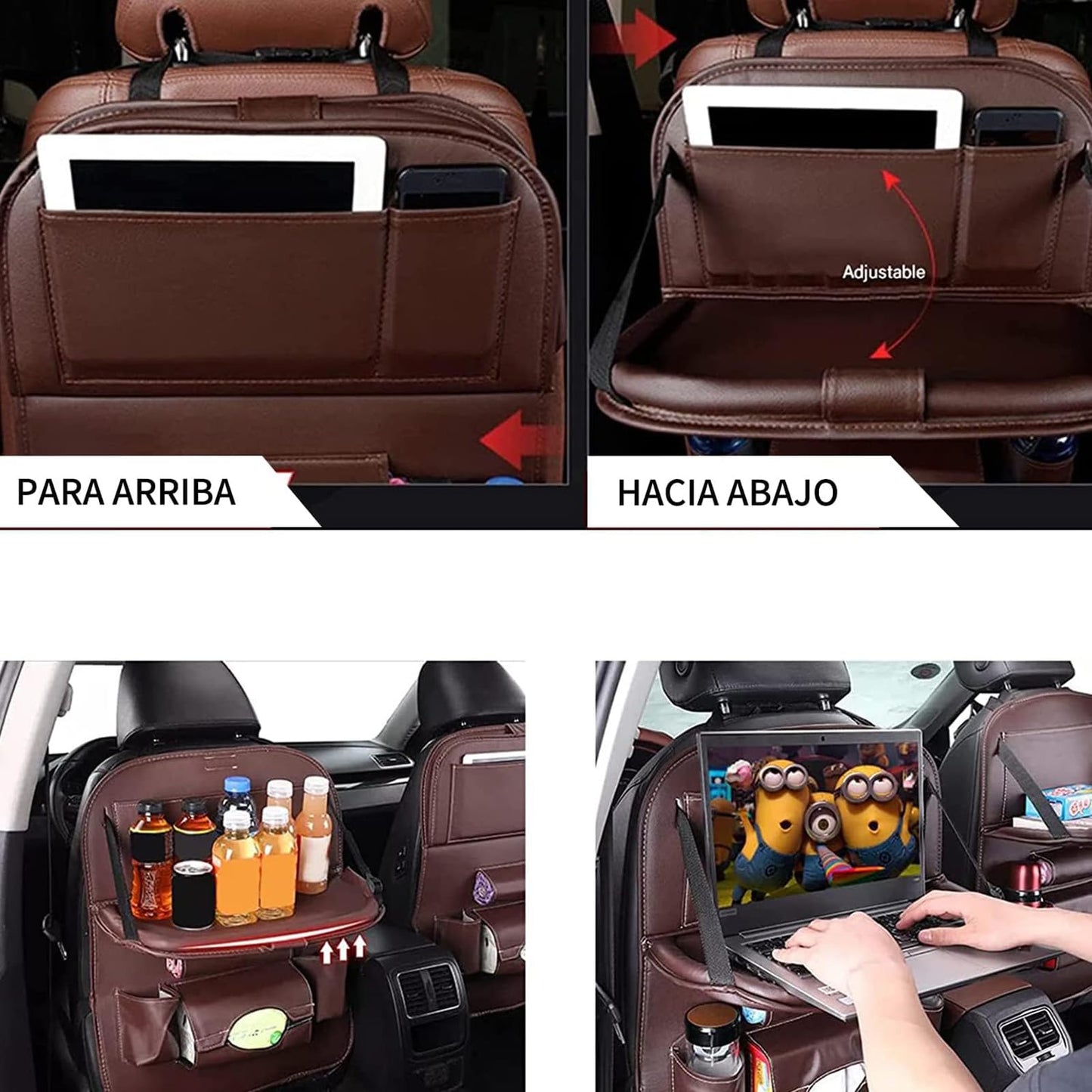 Organizador de Asiento Trasero, Piel Sintética Protectores de Respaldo Asiento para Auto con 7 Compartimentos, Comedor Mesa Plegable con Soporte, Espacio para Tableta (Marrón)
