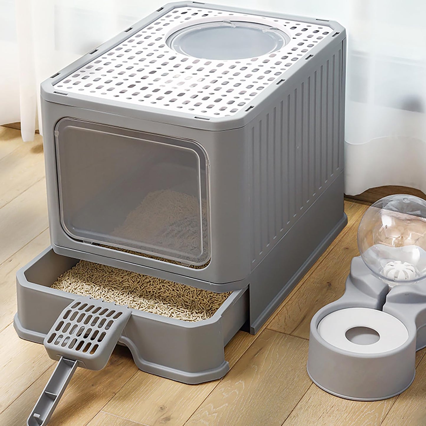 Arenero Plegable TXG Gris Oscuro con Cajón para Gato Grande hasta 12,5 kg