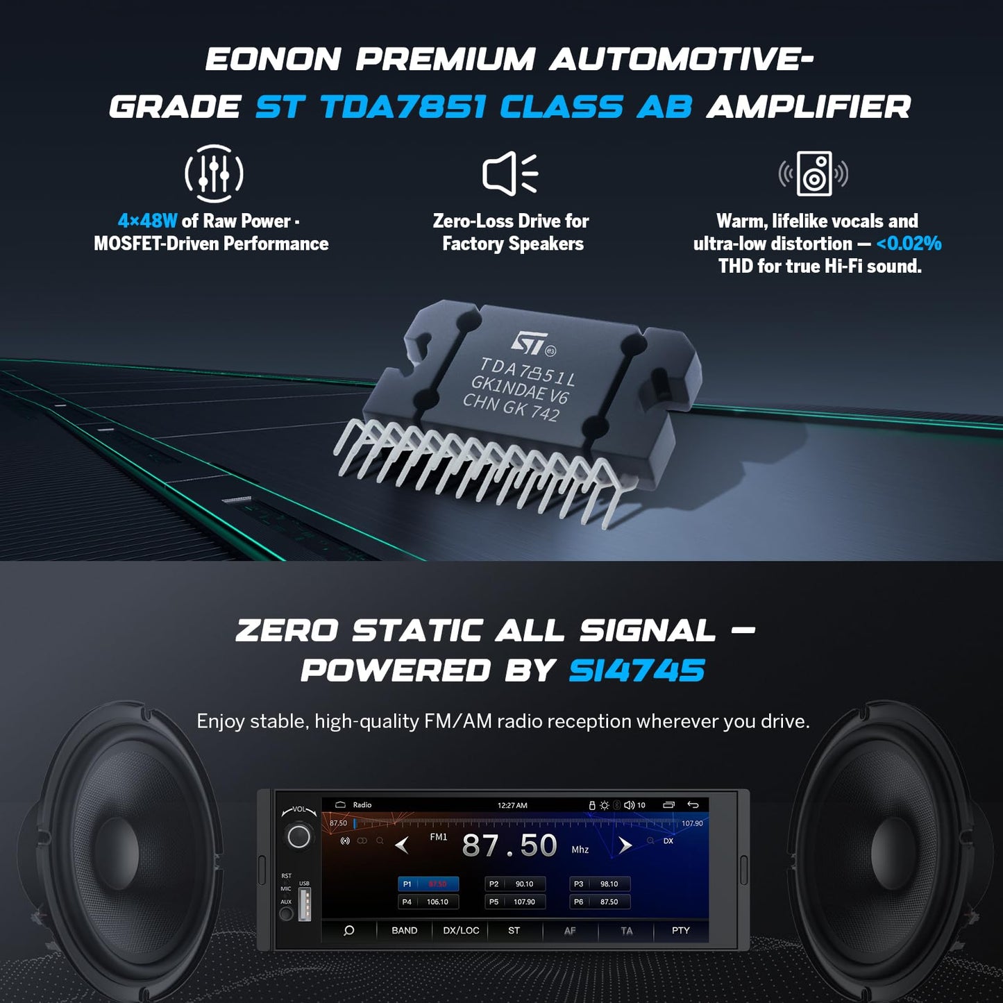 Eonon - Estéreo de coche DIN único de 6.4 pulgadas, inalámbrico CarPlay y Android Auto, visualización táctil IPS (1280 x 480), ST TDA7851 Amp, cámara de respaldo, control de dirección, Bluetooth 5.3