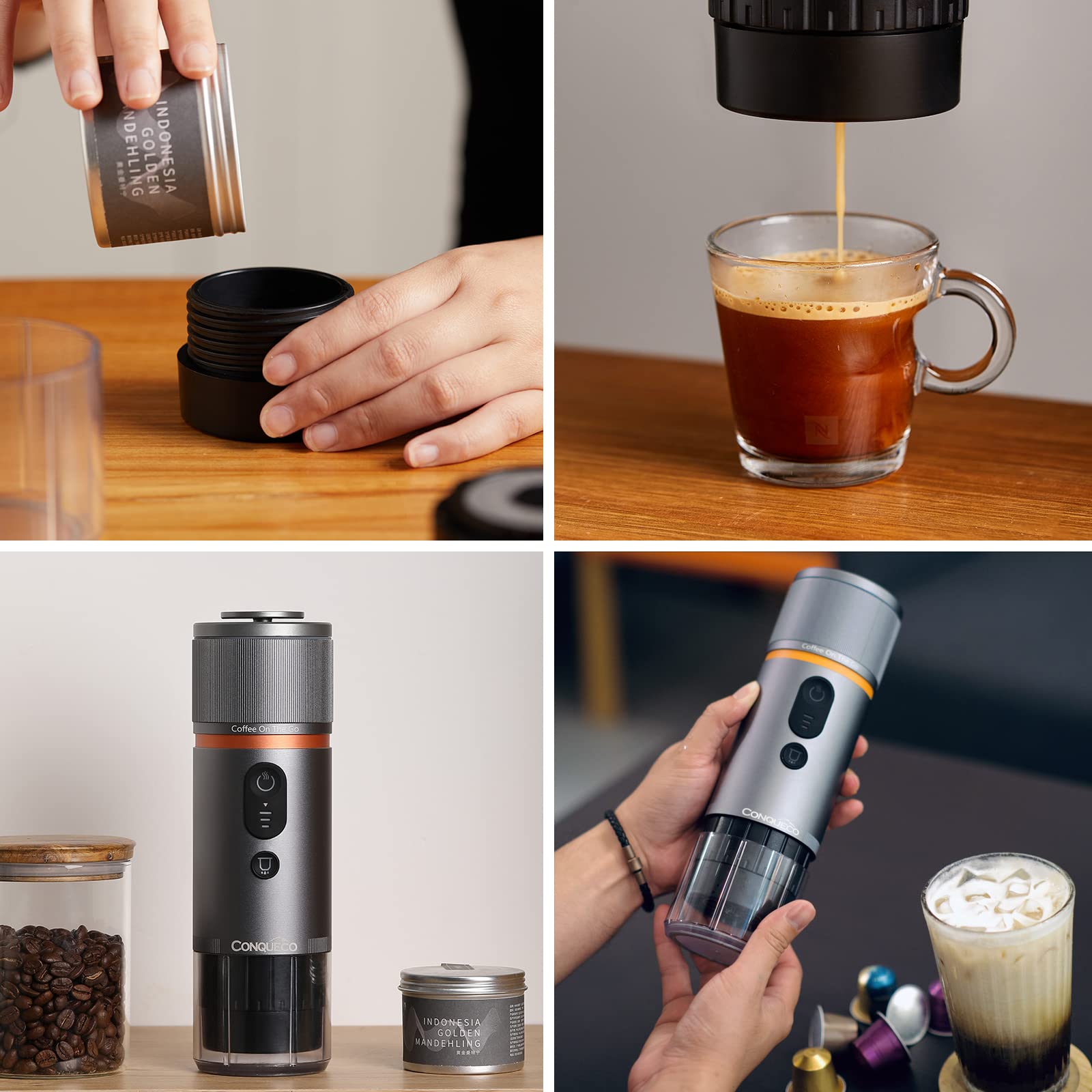 CONQUECO Cafetera Portátil con Cápsula de Espresso - 12V Máquina de Café Electrica con Batería - para Coche Camión y Viajes - Compatible con Cápsulas Originales Nespresso y Cápsula L'or（marrón）