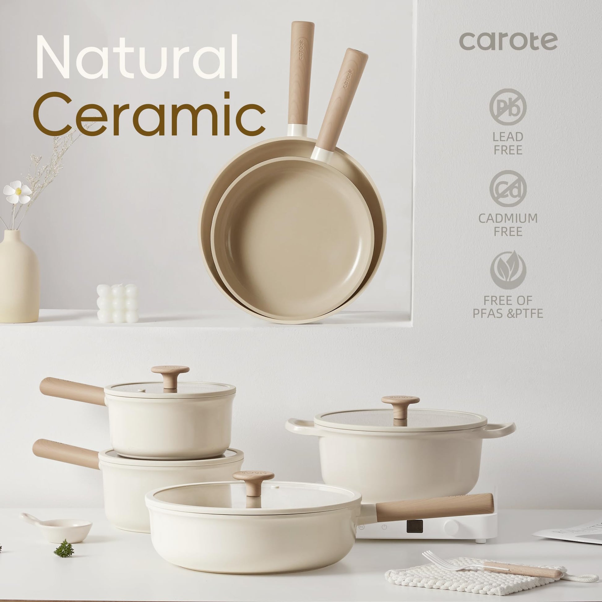 CAROTE - Juego de 12 ollas y sartenes, juegos de utensilios de cocina de cerámica antiadherentes, utensilios de cocina de inducción antiadherentes, juego de cocina de granito con sartenes y cacerola