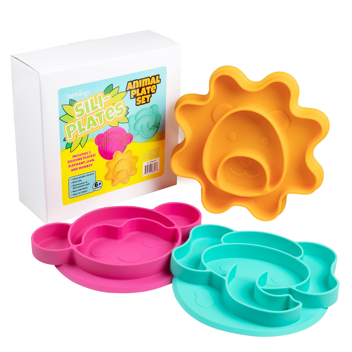 Platos divididos antideslizantes de silicona para niños pequeños, 3 diseños divertidos (león, overol, elefante), compartimentos grandes para un fácil entrenamiento de alimentos, irrompible para
